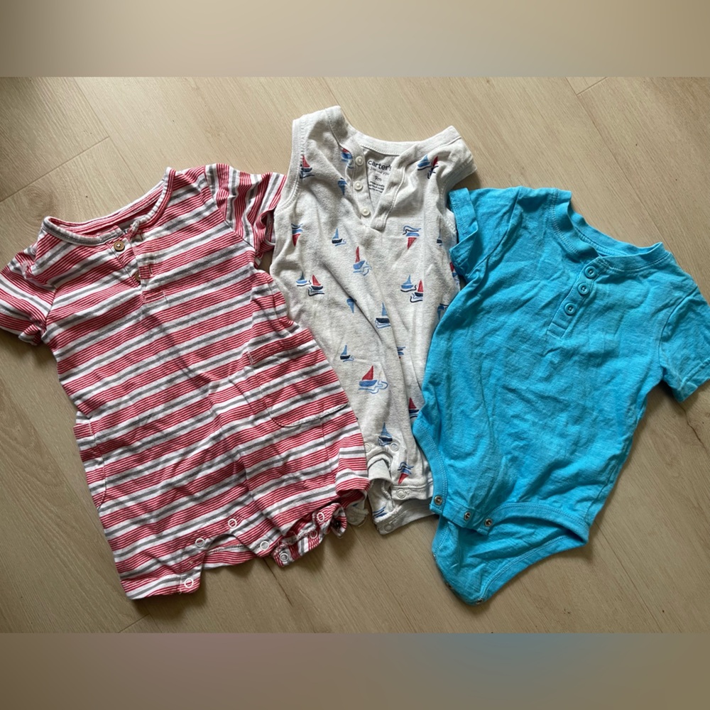 Set of Three Baby Rompers - Blue, Gray, and Red Stripes